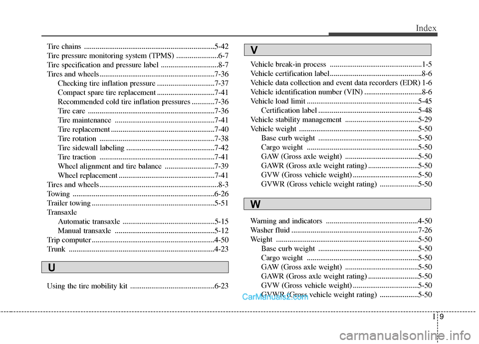 Hyundai Sonata Hybrid 2011  Owners Manual I9
Index
Tire chains ....................................................................5-42
Tire pressure monitoring system (TPMS) ......................6-7
Tire specification and pressure label ...