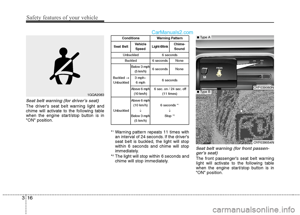 Hyundai Sonata Hybrid 2011 Service Manual Safety features of your vehicle
16 3
Seat belt warning (for driver’s seat)
The drivers seat belt warning light and
chime will activate to the following table
when the engine start/stop button is in Hyundai Sonata Hybrid 2011 Service Manual Safety features of your vehicle
16 3
Seat belt warning (for driver’s seat)
The drivers seat belt warning light and
chime will activate to the following table
when the engine start/stop button is in