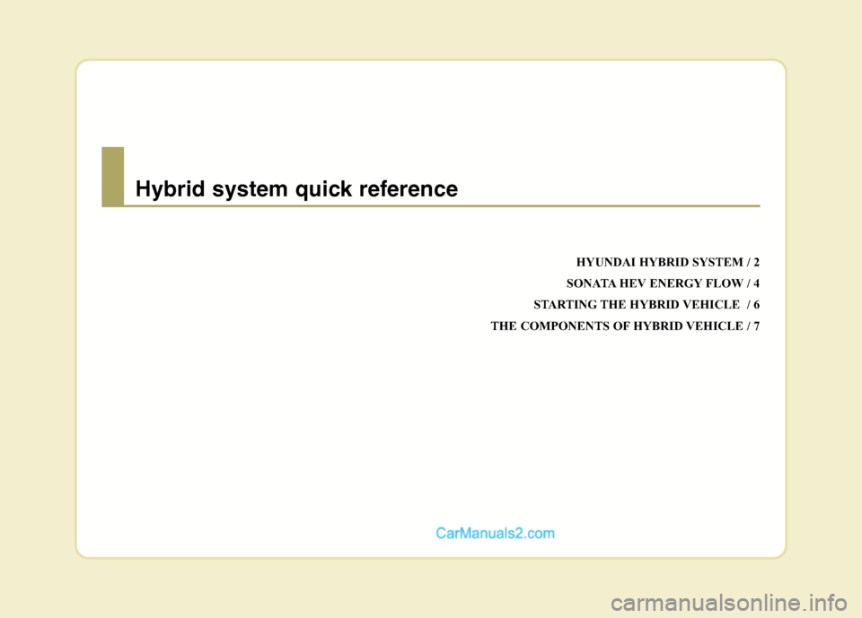 Hyundai Sonata Hybrid 2011  Owners Manual HYUNDAI HYBRID SYSTEM / 2
SONATA HEV ENERGY FLOW / 4
STARTING THE HYBRID VEHICLE  / 6
THE COMPONENTS OF HYBRID VEHICLE / 7
Hybrid system quick reference  