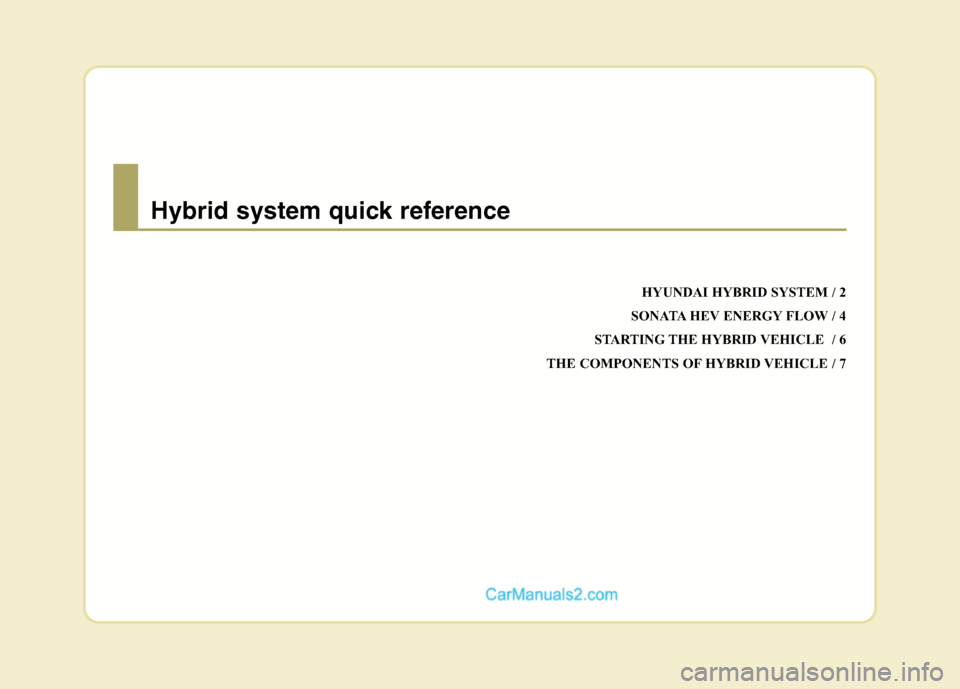 Hyundai Sonata Hybrid 2011 Owners Manual HYUNDAI HYBRID SYSTEM / 2
SONATA HEV ENERGY FLOW / 4
STARTING THE HYBRID VEHICLE / 6
THE COMPONENTS OF HYBRID VEHICLE / 7
Hybrid system quick reference Hyundai Sonata Hybrid 2011 Owners Manual HYUNDAI HYBRID SYSTEM / 2
SONATA HEV ENERGY FLOW / 4
STARTING THE HYBRID VEHICLE / 6
THE COMPONENTS OF HYBRID VEHICLE / 7
Hybrid system quick reference