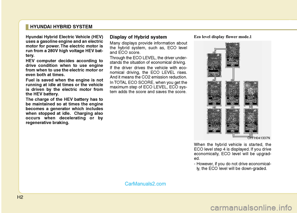 Hyundai Sonata Hybrid 2011 Owners Manual H2
Hyundai Hybrid Electric Vehicle (HEV)
uses a gasoline engine and an electric
motor for power. The electric motor is
run from a 280V high voltage HEV bat-
tery.
HEV computer decides according to
dri Hyundai Sonata Hybrid 2011 Owners Manual H2
Hyundai Hybrid Electric Vehicle (HEV)
uses a gasoline engine and an electric
motor for power. The electric motor is
run from a 280V high voltage HEV bat-
tery.
HEV computer decides according to
dri