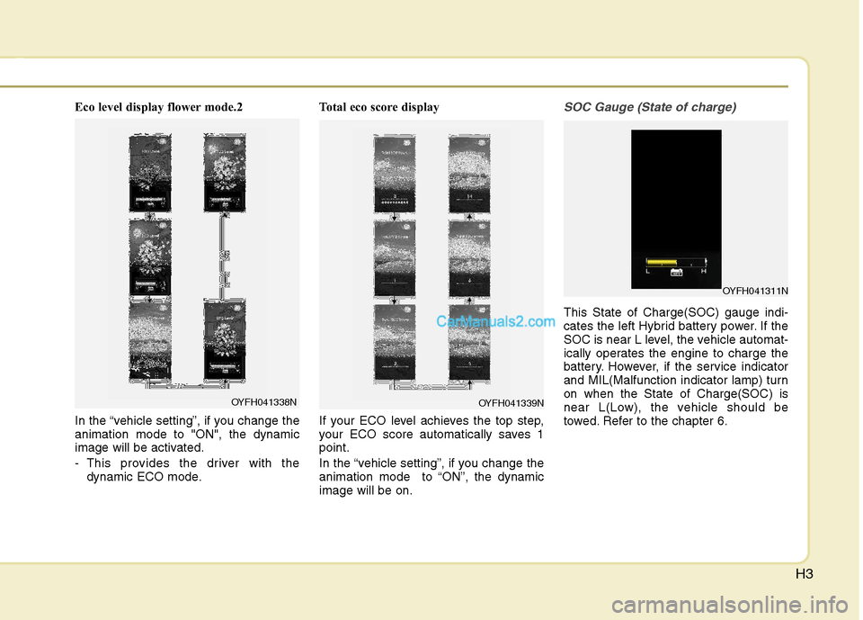 Hyundai Sonata Hybrid 2011  Owners Manual H3
Eco level display flower mode.2
In the “vehicle setting”, if you change the
animation mode to "ON", the dynamic
image will be activated.
- This provides the driver with the
dynamic ECO mode.Tot