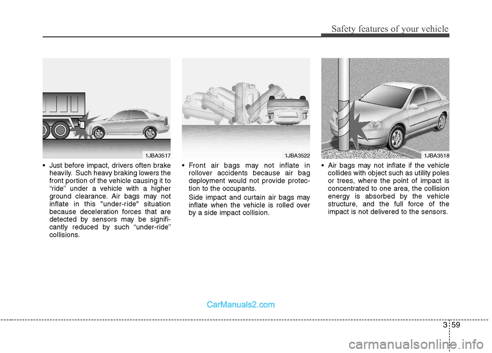 Hyundai Sonata Hybrid 2011 Owners Manual 359
Safety features of your vehicle
Just before impact, drivers often brake
heavily. Such heavy braking lowers the
front portion of the vehicle causing it to
ārideā under a vehicle with a higher
Hyundai Sonata Hybrid 2011 Owners Manual 359
Safety features of your vehicle
Just before impact, drivers often brake
heavily. Such heavy braking lowers the
front portion of the vehicle causing it to
ārideā under a vehicle with a higher