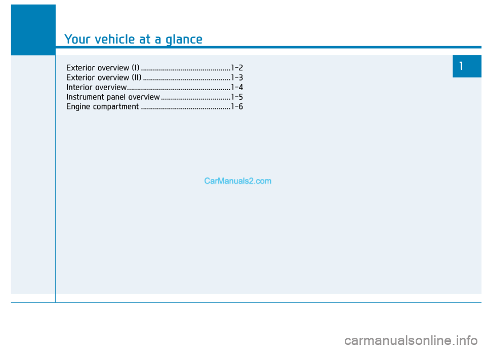 Hyundai Sonata Plug-in Hybrid 2018 User Guide Your vehicle at a glance
1
Your vehicle at a glance
1Exterior overview (I) .............................................1-2
Exterior overview (II) ............................................1-3
Inter