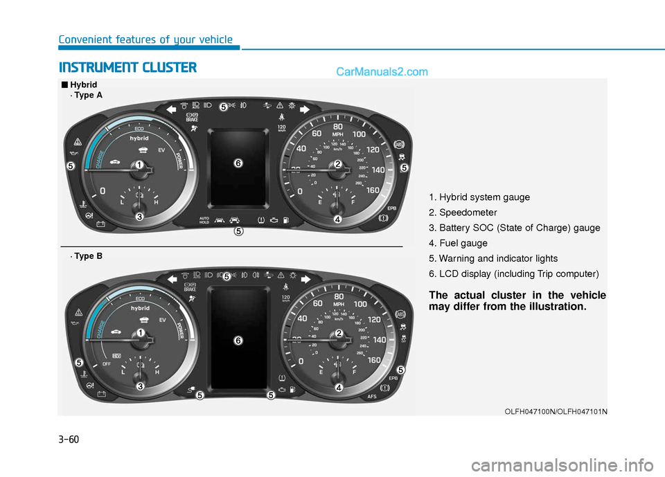 Hyundai Sonata Plug-in Hybrid 2018 Owners Manual 3-60
Convenient features of your vehicle
I
IN
N S
ST
T R
R U
U M
M E
EN
N T
T
C
C L
LU
U S
ST
T E
ER
R
1. Hybrid system gauge
2. Speedometer
3. Battery SOC (State of Charge) gauge
4. Fuel gauge
5. W Hyundai Sonata Plug-in Hybrid 2018 Owners Manual 3-60
Convenient features of your vehicle
I
IN
N S
ST
T R
R U
U M
M E
EN
N T
T
C
C L
LU
U S
ST
T E
ER
R
1. Hybrid system gauge
2. Speedometer
3. Battery SOC (State of Charge) gauge
4. Fuel gauge
5. W