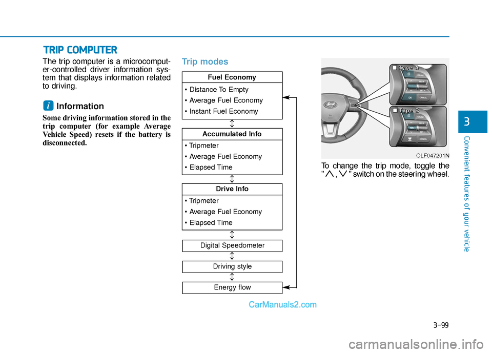 Hyundai Sonata Plug-in Hybrid 2018 Owners Manual 3-99
Convenient features of your vehicle
The trip computer is a microcomput-
er-controlled driver information sys-
tem that displays information related
to driving.
Information
Some driving informati Hyundai Sonata Plug-in Hybrid 2018 Owners Manual 3-99
Convenient features of your vehicle
The trip computer is a microcomput-
er-controlled driver information sys-
tem that displays information related
to driving.
Information
Some driving informati