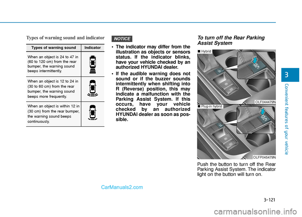 Hyundai Sonata Plug-in Hybrid 2018  Owners Manual 3-121
Convenient features of your vehicle
3
Types of warning sound and indicator
 The indicator may differ from theillustration as objects or sensors
status. If the indicator blinks,
have your vehicle