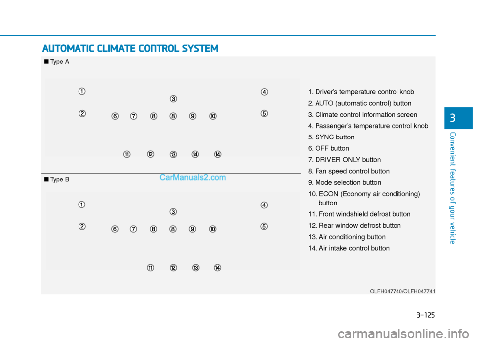 Hyundai Sonata Plug-in Hybrid 2018  Owners Manual 3-125
Convenient features of your vehicle
3
A
AU
U T
TO
O M
M A
AT
TI
IC
C  
 C
C L
LI
IM
M A
AT
TE
E 
 C
C O
O N
NT
TR
R O
O L
L 
 S
S Y
Y S
ST
T E
EM
M
OLFH047740/OLFH047741
1. Driver’s temperatur