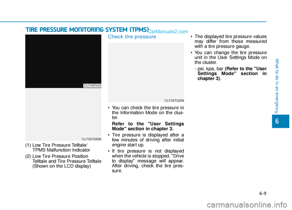 Hyundai Sonata Plug-in Hybrid 2018 Owners Manual 6-9
What to do in an emergency
6
T
TI
IR
R E
E
P
P R
R E
ES
SS
SU
U R
RE
E
M
M O
ON
NI
IT
T O
O R
RI
IN
N G
G
S
S Y
Y S
ST
T E
EM
M
(
( T
T P
P M
M S
S)
)
(1) Low Tire Pressure Telltale/
TPMS Hyundai Sonata Plug-in Hybrid 2018 Owners Manual 6-9
What to do in an emergency
6
T
TI
IR
R E
E
P
P R
R E
ES
SS
SU
U R
RE
E
M
M O
ON
NI
IT
T O
O R
RI
IN
N G
G
S
S Y
Y S
ST
T E
EM
M
(
( T
T P
P M
M S
S)
)
(1) Low Tire Pressure Telltale/
TPMS