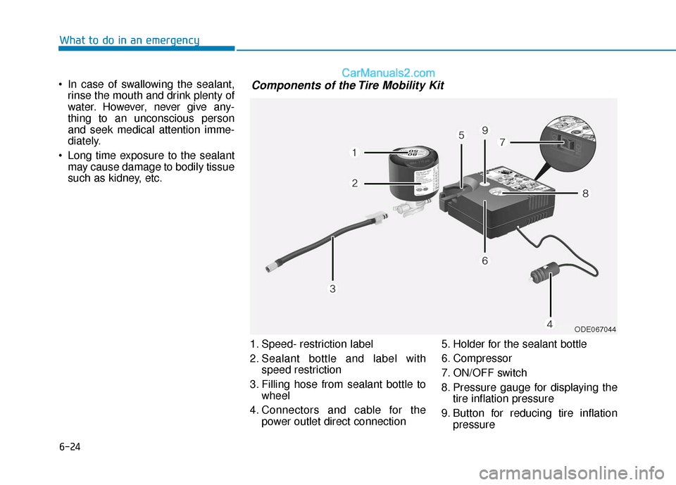 Hyundai Sonata Plug-in Hybrid 2018 Owners Manual 6-24
In case of swallowing the sealant,rinse the mouth and drink plenty of
water. However, never give any-
thing to an unconscious person
and seek medical attention imme-
diately.
Long time exposure Hyundai Sonata Plug-in Hybrid 2018 Owners Manual 6-24
In case of swallowing the sealant,rinse the mouth and drink plenty of
water. However, never give any-
thing to an unconscious person
and seek medical attention imme-
diately.
Long time exposure