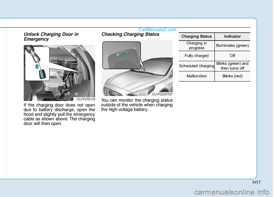 Hyundai Sonata Plug-in Hybrid 2018 Owners Manual H17
Unlock Charging Door inEmergency
If the charging door does not open
due to battery discharge, open the
hood and slightly pull the emergency
cable as shown above. The charging
door will then open.
Hyundai Sonata Plug-in Hybrid 2018 Owners Manual H17
Unlock Charging Door inEmergency
If the charging door does not open
due to battery discharge, open the
hood and slightly pull the emergency
cable as shown above. The charging
door will then open.