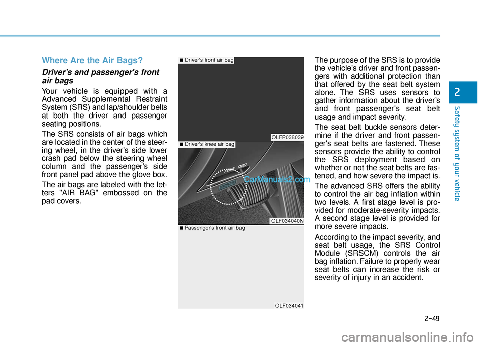 Hyundai Sonata Plug-in Hybrid 2018  Owners Manual 2-49
Safety system of your vehicle
2
Where Are the Air Bags? 
Drivers and passengers frontair bags 
Your vehicle is equipped with a
Advanced Supplemental Restraint
System (SRS) and lap/shoulder belt
