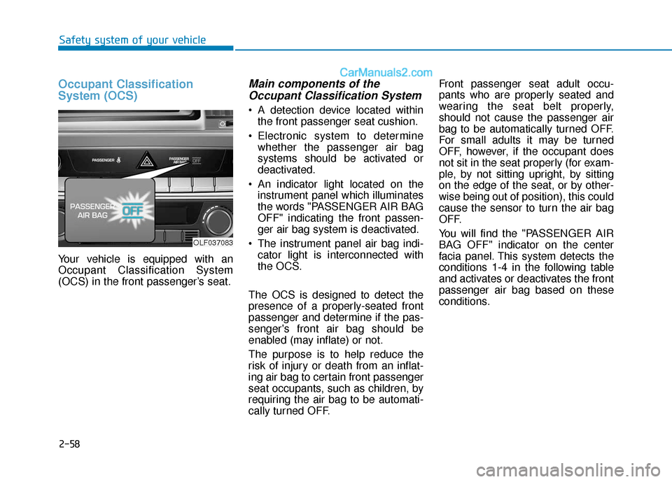 Hyundai Sonata Plug-in Hybrid 2018 Manual PDF 2-58
Safety system of your vehicle
Occupant Classification
System (OCS)
Your vehicle is equipped with an
Occupant Classification System
(OCS) in the front passenger’s seat.
Main components of theOcc Hyundai Sonata Plug-in Hybrid 2018 Manual PDF 2-58
Safety system of your vehicle
Occupant Classification
System (OCS)
Your vehicle is equipped with an
Occupant Classification System
(OCS) in the front passenger’s seat.
Main components of theOcc