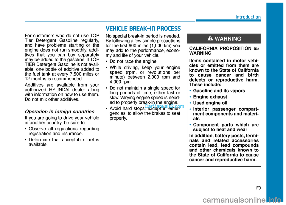 Hyundai Sonata Plug-in Hybrid 2018  Owners Manual F9
Introduction
For customers who do not use TOP
Tier Detergent Gasoline regularly,
and have problems starting or the
engine does not run smoothly, addi-
tives that you can buy separately
may be added
