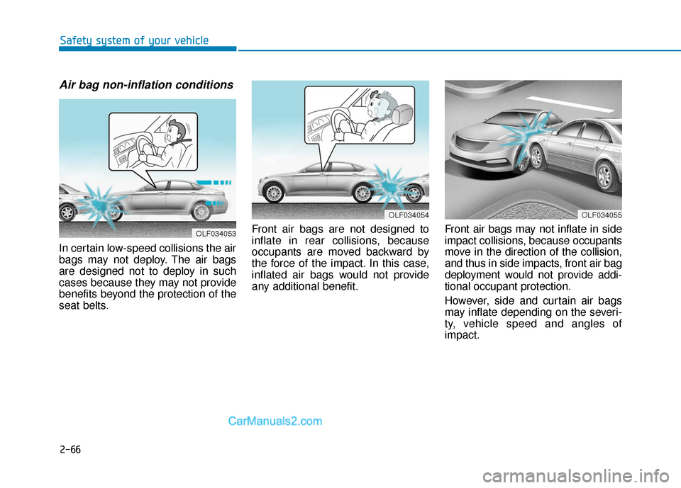 Hyundai Sonata Plug-in Hybrid 2018 Manual Online 2-66
Safety system of your vehicle
Air bag non-inflation conditions
In certain low-speed collisions the air
bags may not deploy. The air bags
are designed not to deploy in such
cases because they may Hyundai Sonata Plug-in Hybrid 2018 Manual Online 2-66
Safety system of your vehicle
Air bag non-inflation conditions
In certain low-speed collisions the air
bags may not deploy. The air bags
are designed not to deploy in such
cases because they may