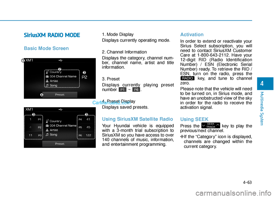 Hyundai Sonata Plug-in Hybrid 2017  Owners Manual 4-63
Multimedia System
4
S
Si
ir
r i
iu
u s
sX
X M
M R
RA
A D
DI
IO
O  
 M
M O
OD
DE
E
Basic Mode Screen
1. Mode Display
Displays currently operating mode.
2. Channel Information
Displays the category