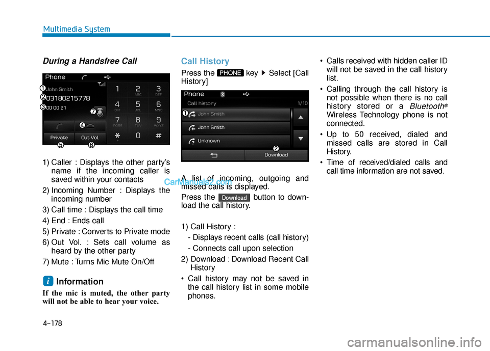 Hyundai Sonata Plug-in Hybrid 2017 Owners Manual 4-178
Multimedia System
During a Handsfree Call
1) Caller : Displays the other party’sname if the incoming caller is
saved within your contacts
2) Incoming Number : Displays the incoming number
3) C Hyundai Sonata Plug-in Hybrid 2017 Owners Manual 4-178
Multimedia System
During a Handsfree Call
1) Caller : Displays the other party’sname if the incoming caller is
saved within your contacts
2) Incoming Number : Displays the incoming number
3) C