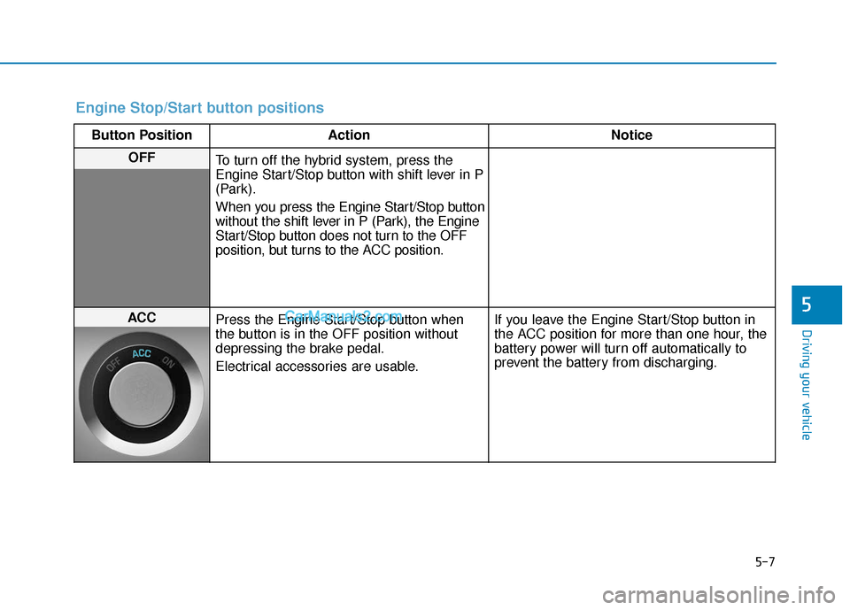 Hyundai Sonata Plug-in Hybrid 2017 Owners Manual 5-7
Driving your vehicle
5
Engine Stop/Start button positions
Button PositionAction Notice
OFF
To turn off the hybrid system, press the
Engine Start/Stop button with shift lever in P
(Park).
When you Hyundai Sonata Plug-in Hybrid 2017 Owners Manual 5-7
Driving your vehicle
5
Engine Stop/Start button positions
Button PositionAction Notice
OFF
To turn off the hybrid system, press the
Engine Start/Stop button with shift lever in P
(Park).
When you