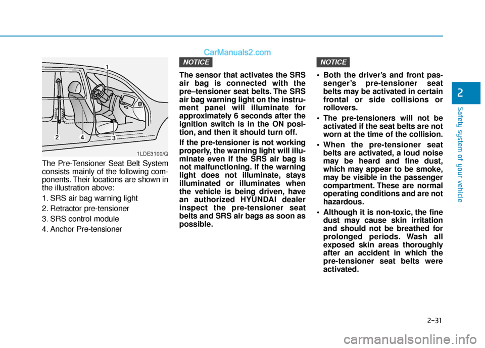 Hyundai Sonata Plug-in Hybrid 2017 Service Manual 2-31
Safety system of your vehicle
2
The Pre-Tensioner Seat Belt System
consists mainly of the following com-
ponents. Their locations are shown in
the illustration above:
1. SRS air bag warning light Hyundai Sonata Plug-in Hybrid 2017 Service Manual 2-31
Safety system of your vehicle
2
The Pre-Tensioner Seat Belt System
consists mainly of the following com-
ponents. Their locations are shown in
the illustration above:
1. SRS air bag warning light