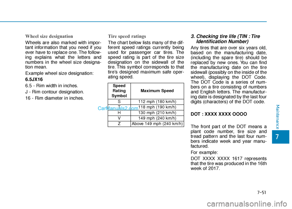 Hyundai Sonata Plug-in Hybrid 2017  Owners Manual 7-51
7
Maintenance
Wheel size designation 
Wheels are also marked with impor-
tant information that you need if you
ever have to replace one. The follow-
ing explains what the letters and
numbers in t