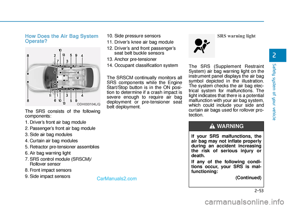 Hyundai Sonata Plug-in Hybrid 2017 Owners Manual 2-53
Safety system of your vehicle
2
How Does the Air Bag System
Operate?
The SRS consists of the following
components:
1. Driver’s front air bag module
2. Passenger’s front air bag module
3. Sid Hyundai Sonata Plug-in Hybrid 2017 Owners Manual 2-53
Safety system of your vehicle
2
How Does the Air Bag System
Operate?
The SRS consists of the following
components:
1. Driver’s front air bag module
2. Passenger’s front air bag module
3. Sid
