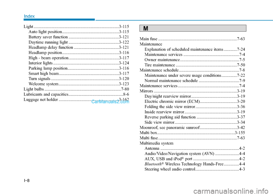 Hyundai Sonata Plug-in Hybrid 2017  Owners Manual I-8
Light ........................................................................\
......3-115Auto light position ....................................................3-115
Battery saver function ....