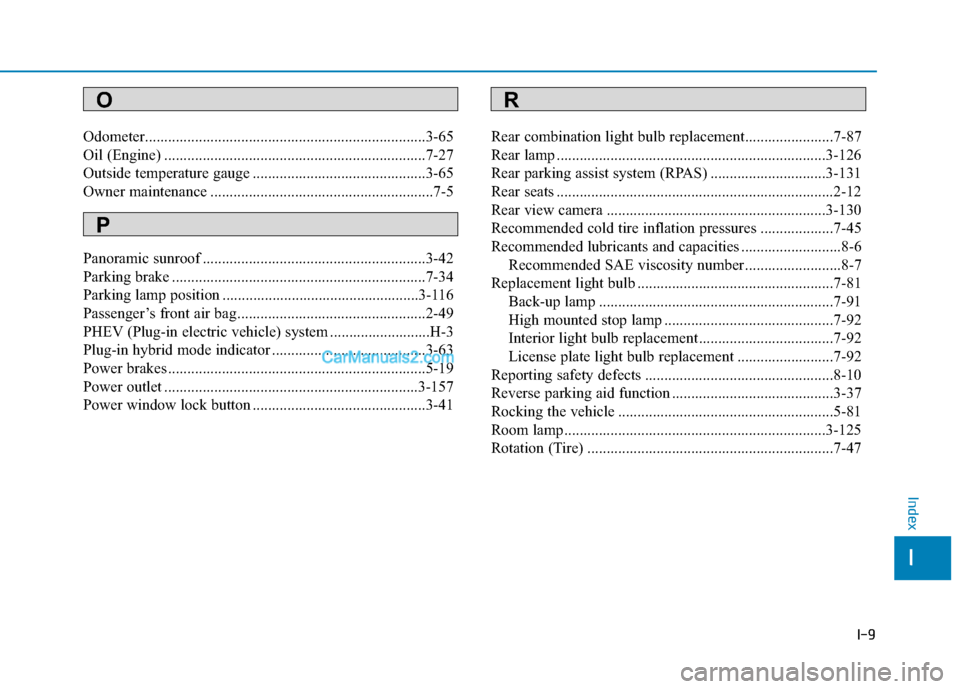 Hyundai Sonata Plug-in Hybrid 2017  Owners Manual I-9
Odometer........................................................................\
.3-65
Oil (Engine) ....................................................................7-27\
Outside temperature 