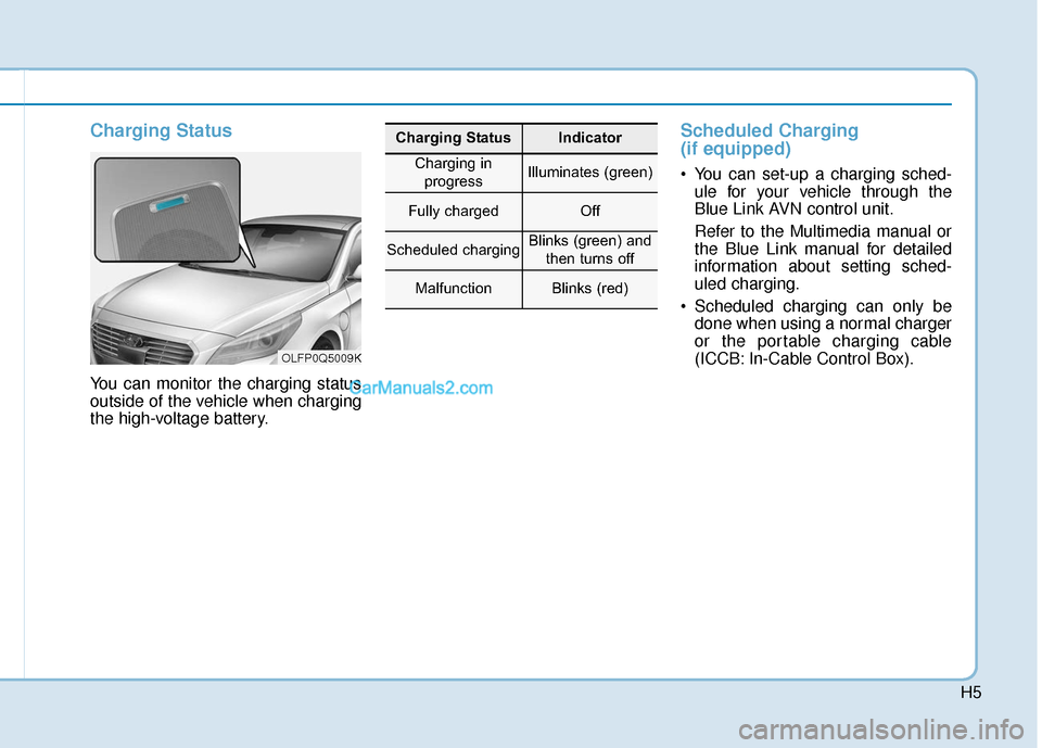 Hyundai Sonata Plug-in Hybrid 2017 Owners Manual H5
Charging Status
You can monitor the charging status
outside of the vehicle when charging
the high-voltage battery.
Scheduled Charging
(if equipped)
You can set-up a charging sched-ule for your v Hyundai Sonata Plug-in Hybrid 2017 Owners Manual H5
Charging Status
You can monitor the charging status
outside of the vehicle when charging
the high-voltage battery.
Scheduled Charging
(if equipped)
You can set-up a charging sched-ule for your v