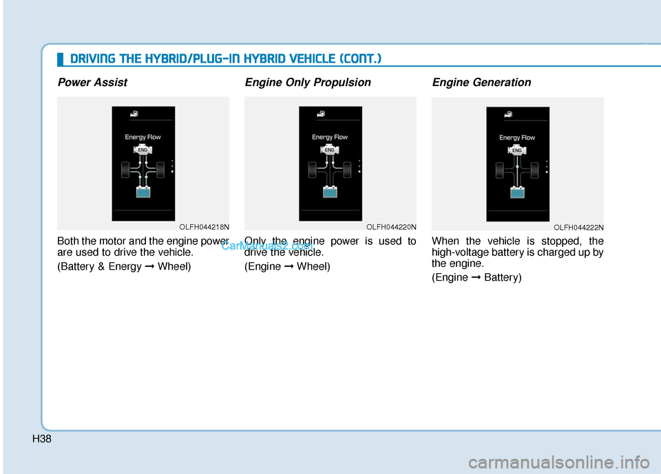Hyundai Sonata Plug-in Hybrid 2017 Owners Manual H38
D
DR
RI
IV
V I
IN
N G
G
T
T H
H E
E
H
H Y
Y B
BR
RI
ID
D /
/P
P L
LU
U G
G-
-I
IN
N
H
H Y
Y B
BR
RI
ID
D
V
V E
EH
H I
IC
C L
LE
E
(
( C
C O
O N
NT
T.
.)
)
Power Assist
Both the motor Hyundai Sonata Plug-in Hybrid 2017 Owners Manual H38
D
DR
RI
IV
V I
IN
N G
G
T
T H
H E
E
H
H Y
Y B
BR
RI
ID
D /
/P
P L
LU
U G
G-
-I
IN
N
H
H Y
Y B
BR
RI
ID
D
V
V E
EH
H I
IC
C L
LE
E
(
( C
C O
O N
NT
T.
.)
)
Power Assist
Both the motor
