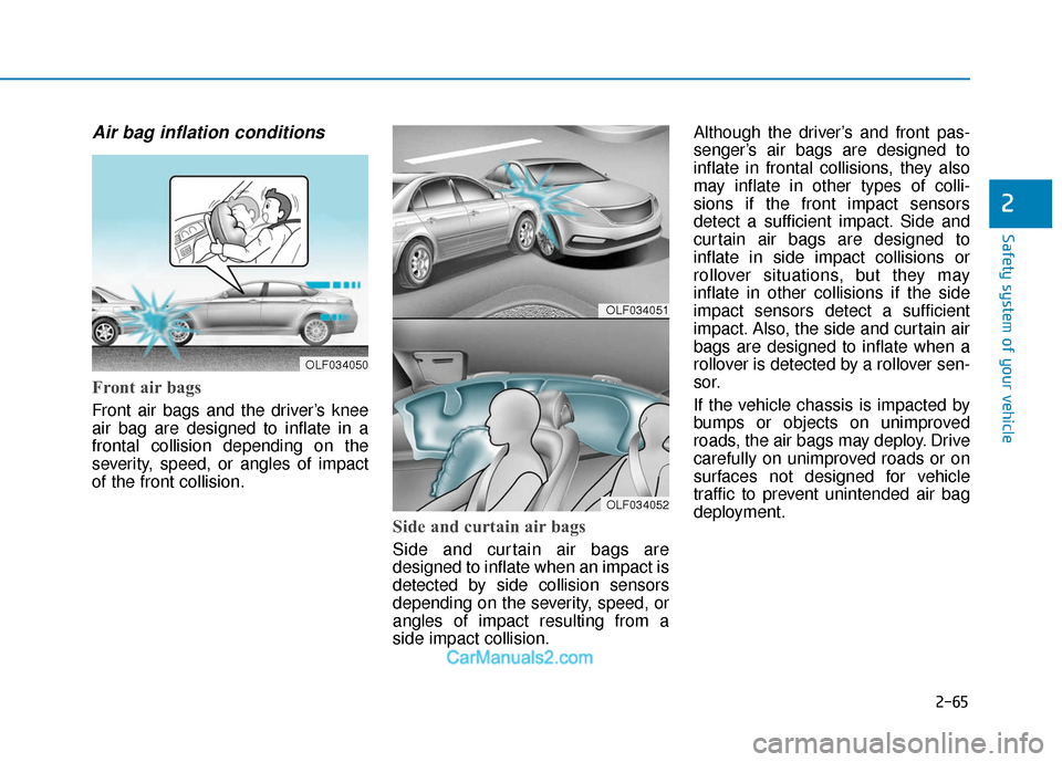 Hyundai Sonata Plug-in Hybrid 2017 Owners Manual 2-65
Safety system of your vehicle
2
Air bag inflation conditions
Front air bags
Front air bags and the driver’s knee
air bag are designed to inflate in a
frontal collision depending on the
severi Hyundai Sonata Plug-in Hybrid 2017 Owners Manual 2-65
Safety system of your vehicle
2
Air bag inflation conditions
Front air bags
Front air bags and the driver’s knee
air bag are designed to inflate in a
frontal collision depending on the
severi
