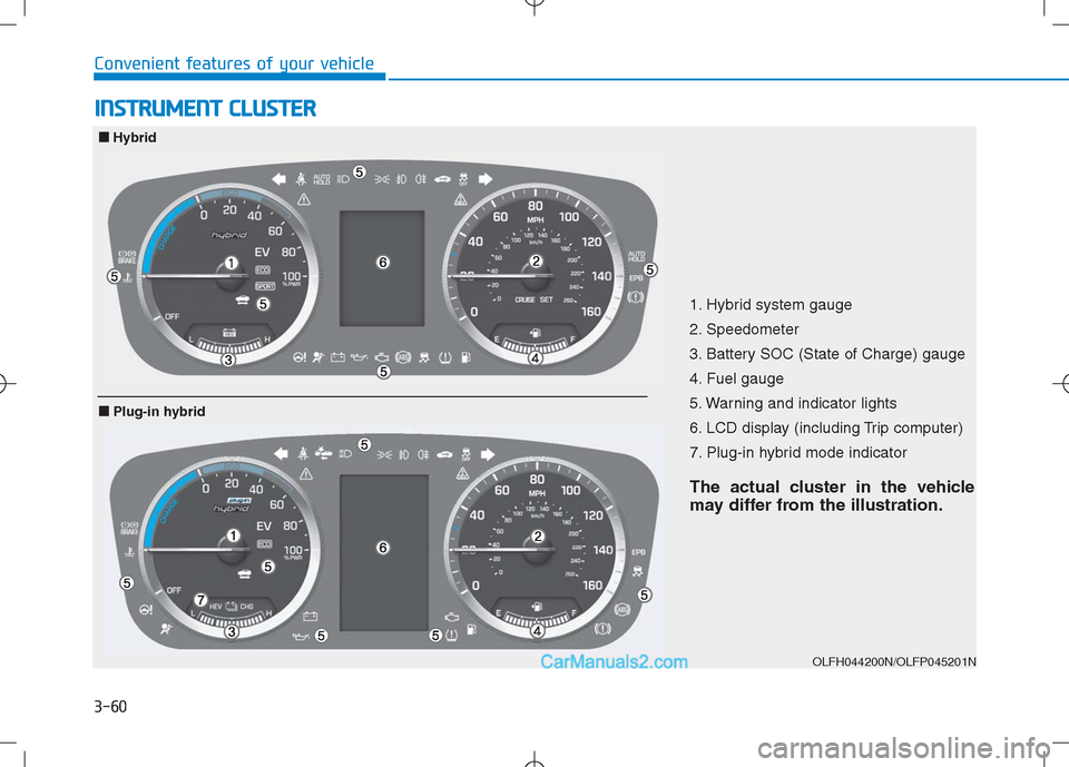 Hyundai Sonata Plug-in Hybrid 2016 Owners Manual 3-60
Convenient features of your vehicle
I IN
NS
ST
TR
RU
UM
ME
EN
NT
T
C
CL
LU
US
ST
TE
ER
R
1. Hybrid system gauge
2. Speedometer
3. Battery SOC (State of Charge) gauge
4. Fuel gauge
5. Warning an Hyundai Sonata Plug-in Hybrid 2016 Owners Manual 3-60
Convenient features of your vehicle
I IN
NS
ST
TR
RU
UM
ME
EN
NT
T
C
CL
LU
US
ST
TE
ER
R
1. Hybrid system gauge
2. Speedometer
3. Battery SOC (State of Charge) gauge
4. Fuel gauge
5. Warning an