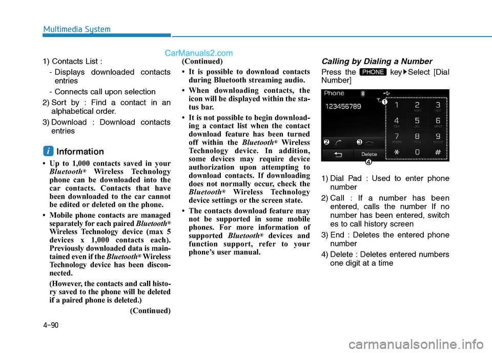 Hyundai Sonata Plug-in Hybrid 2016  Owners Manual 4-90
Multimedia System
1) Contacts List :
- Displays downloaded contacts
entries
- Connects call upon selection
2) Sort by : Find a contact in an
alphabetical order.
3) Download : Download contacts
en
