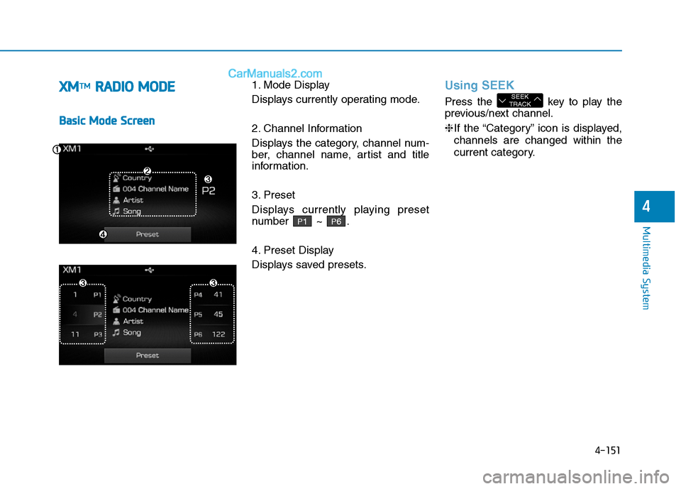 Hyundai Sonata Plug-in Hybrid 2016 Owners Manual 4-151
Multimedia System
4
XMTMRADIO MODE
Basic Mode Screen
1. Mode Display
Displays currently operating mode.
2. Channel Information
Displays the category, channel num-
ber, channel name, artist and t Hyundai Sonata Plug-in Hybrid 2016 Owners Manual 4-151
Multimedia System
4
XMTMRADIO MODE
Basic Mode Screen
1. Mode Display
Displays currently operating mode.
2. Channel Information
Displays the category, channel num-
ber, channel name, artist and t