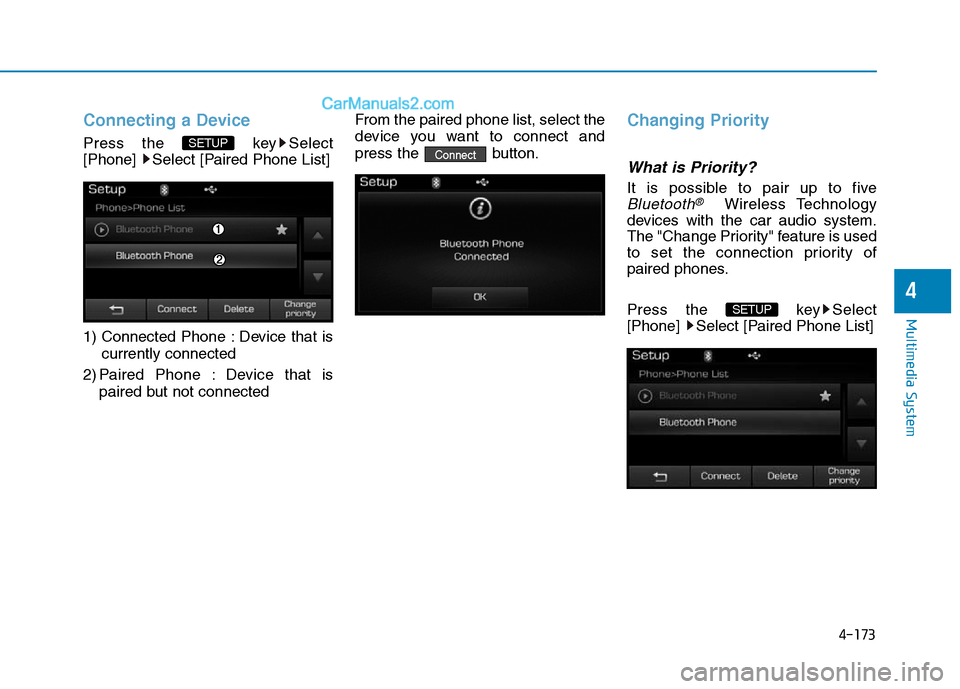 Hyundai Sonata Plug-in Hybrid 2016  Owners Manual 4-173
Multimedia System
4
Connecting a Device
Press the  key Select
[Phone]  Select [Paired Phone List]
1) Connected Phone : Device that is
currently connected 
2) Paired Phone : Device that is
paired