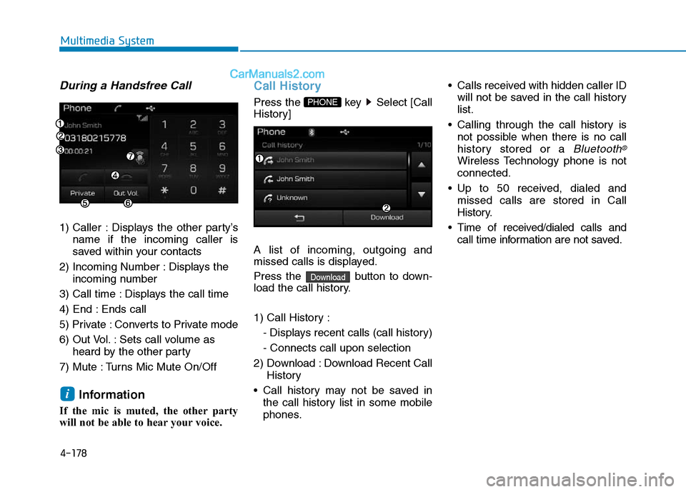 Hyundai Sonata Plug-in Hybrid 2016 Owners Manual 4-178
Multimedia System
During a Handsfree Call
1) Caller : Displays the other party’s
name if the incoming caller is
saved within your contacts
2) Incoming Number : Displays the
incoming number
3) Hyundai Sonata Plug-in Hybrid 2016 Owners Manual 4-178
Multimedia System
During a Handsfree Call
1) Caller : Displays the other party’s
name if the incoming caller is
saved within your contacts
2) Incoming Number : Displays the
incoming number
3)