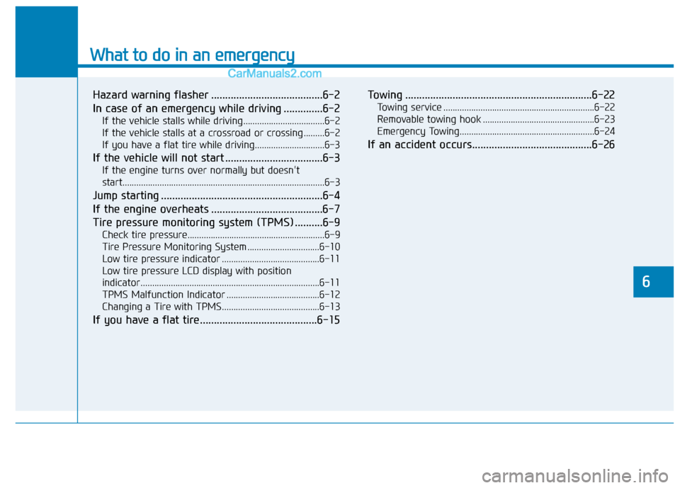 Hyundai Sonata Plug-in Hybrid 2016 Owners Manual What to do in an emergency
6
Hazard warning flasher ........................................6-2
In case of an emergency while driving ..............6-2
If the vehicle stalls while driving............. Hyundai Sonata Plug-in Hybrid 2016 Owners Manual What to do in an emergency
6
Hazard warning flasher ........................................6-2
In case of an emergency while driving ..............6-2
If the vehicle stalls while driving.............