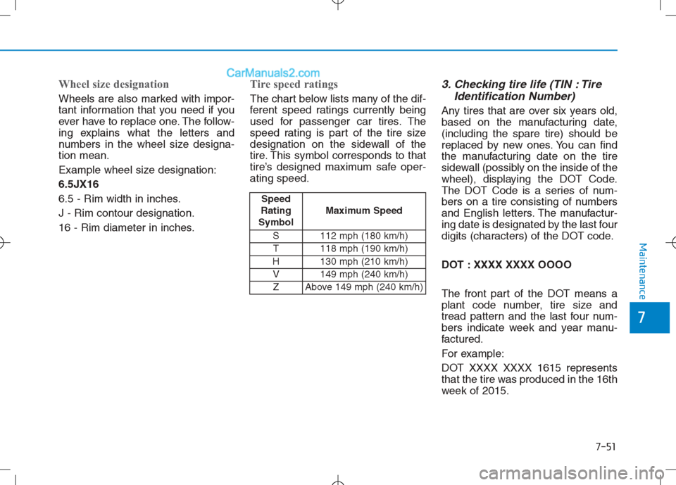 Hyundai Sonata Plug-in Hybrid 2016 Owners Manual 7-51
7
Maintenance
Wheel size designation
Wheels are also marked with impor-
tant information that you need if you
ever have to replace one. The follow-
ing explains what the letters and
numbers in t Hyundai Sonata Plug-in Hybrid 2016 Owners Manual 7-51
7
Maintenance
Wheel size designation
Wheels are also marked with impor-
tant information that you need if you
ever have to replace one. The follow-
ing explains what the letters and
numbers in t