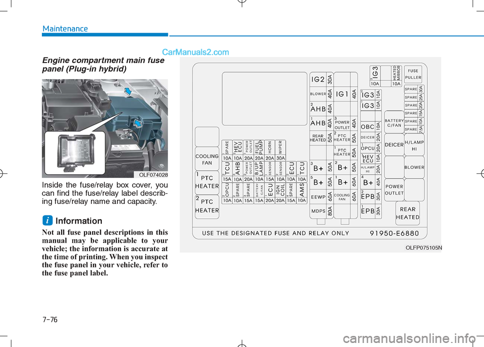 Hyundai Sonata Plug-in Hybrid 2016 Owners Manual Engine compartment main fusepanel (Plug-in hybrid)
Inside the fuse/relay box cover, you
can find the fuse/relay label describ-
ing fuse/relay name and capacity.
Information
Not all fuse panel descrip Hyundai Sonata Plug-in Hybrid 2016 Owners Manual Engine compartment main fusepanel (Plug-in hybrid)
Inside the fuse/relay box cover, you
can find the fuse/relay label describ-
ing fuse/relay name and capacity.
Information
Not all fuse panel descrip