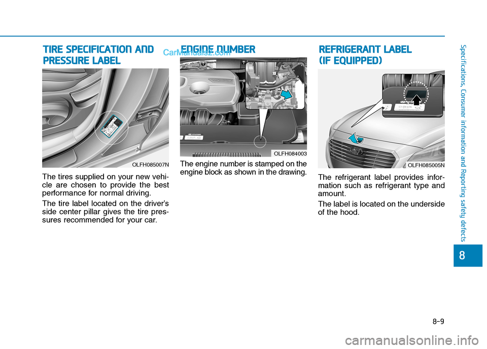 Hyundai Sonata Plug-in Hybrid 2016  Owners Manual 8-9
88
Specifications, Consumer information and Reporting safety defects
The tires supplied on your new vehi-
cle are chosen to provide the best
performance for normal driving.
The tire label located 