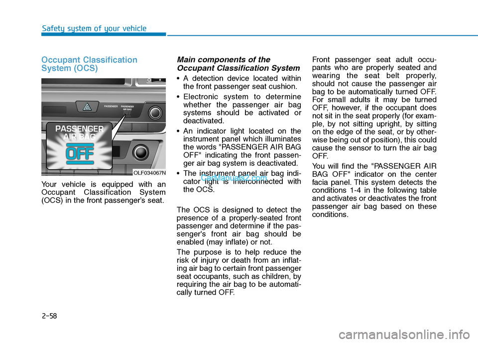 Hyundai Sonata Plug-in Hybrid 2016 Manual PDF 2-58
Safety system of your vehicle
Occupant Classification
System (OCS)
Your vehicle is equipped with an
Occupant Classification System
(OCS) in the front passenger’s seat.
Main components of the
Oc Hyundai Sonata Plug-in Hybrid 2016 Manual PDF 2-58
Safety system of your vehicle
Occupant Classification
System (OCS)
Your vehicle is equipped with an
Occupant Classification System
(OCS) in the front passenger’s seat.
Main components of the
Oc
