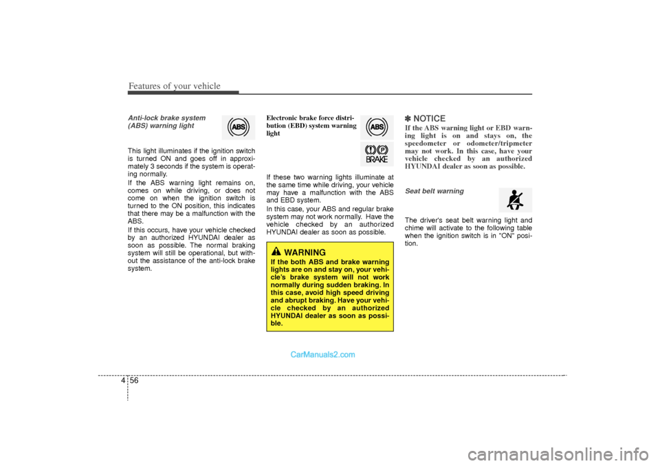 Hyundai Sonata Turbo 2011 Owners Manual Features of your vehicle56
4Anti-lock brake system
(ABS) warning light This light illuminates if the ignition switch
is turned ON and goes off in approxi-
mately 3 seconds if the system is operat-
ing Hyundai Sonata Turbo 2011 Owners Manual Features of your vehicle56
4Anti-lock brake system
(ABS) warning light This light illuminates if the ignition switch
is turned ON and goes off in approxi-
mately 3 seconds if the system is operat-
ing