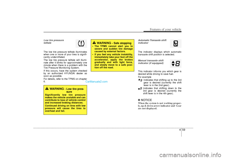 Hyundai Sonata Turbo 2011  Owners Manual 459
Features of your vehicle
Low tire pressure telltale The low tire pressure telltale illuminates
when one or more of your tires is signifi-
cantly underinflated.
The low tire pressure telltale will 