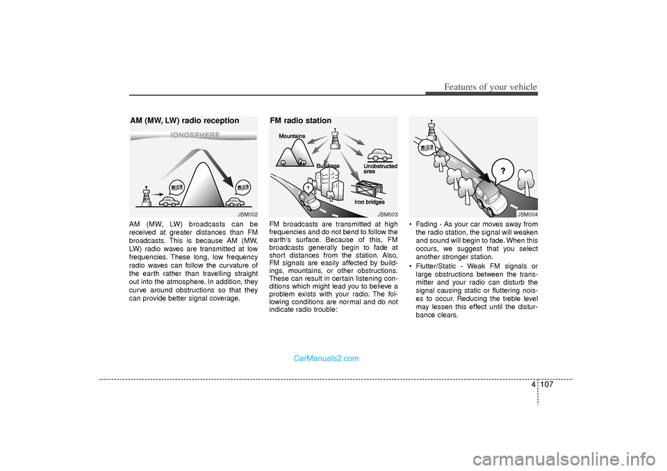 Hyundai Sonata Turbo 2011 Owners Manual 4 107
Features of your vehicle
AM (MW, LW) broadcasts can be
received at greater distances than FM
broadcasts. This is because AM (MW,
LW) radio waves are transmitted at low
frequencies. These long, l Hyundai Sonata Turbo 2011 Owners Manual 4 107
Features of your vehicle
AM (MW, LW) broadcasts can be
received at greater distances than FM
broadcasts. This is because AM (MW,
LW) radio waves are transmitted at low
frequencies. These long, l