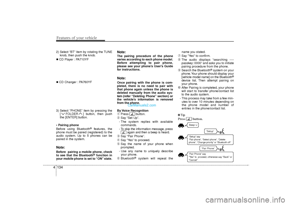 Hyundai Sonata Turbo 2011  Owners Manual Features of your vehicle134
42) Select “BT” item by rotating the TUNE
knob, then push the knob.
CD Player : PA710YF
CD Changer : PA760YF
3) Select “PHONE” item by pressing the [ FOLDER ] butto