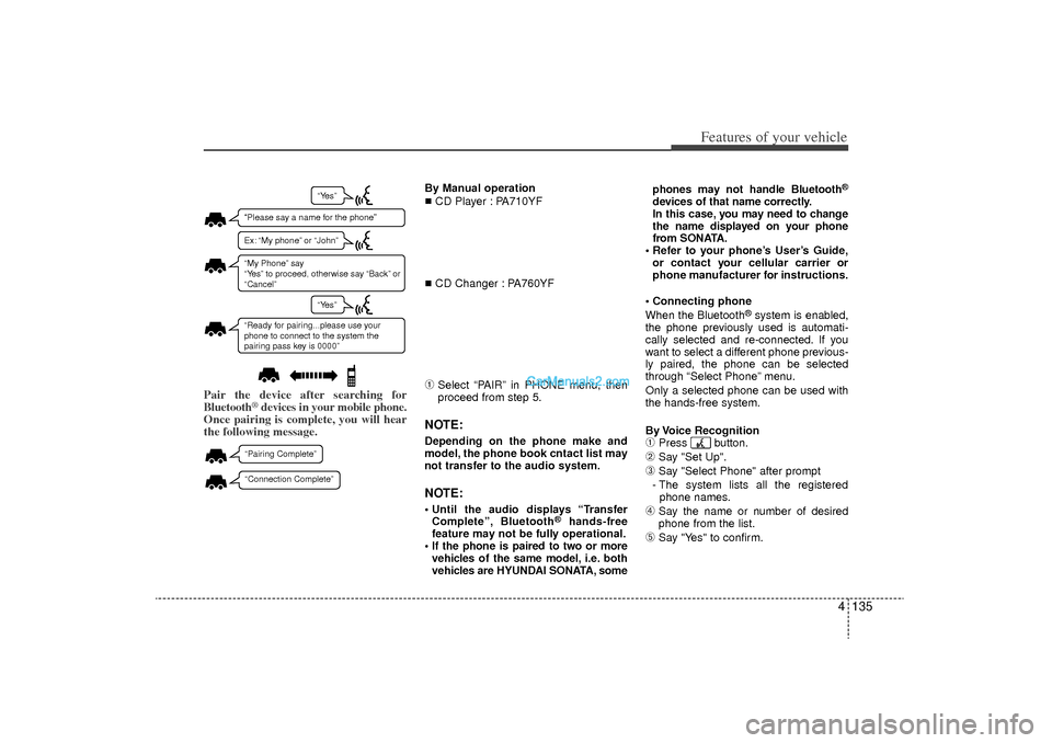 Hyundai Sonata Turbo 2011 Owners Manual 4 135
Features of your vehicle
Pair the device after searching for
Bluetooth
®devices in your mobile phone.
Once pairing is complete, you will hear
the following message.
By Manual operation
CD Play Hyundai Sonata Turbo 2011 Owners Manual 4 135
Features of your vehicle
Pair the device after searching for
Bluetooth
®devices in your mobile phone.
Once pairing is complete, you will hear
the following message.
By Manual operation
CD Play