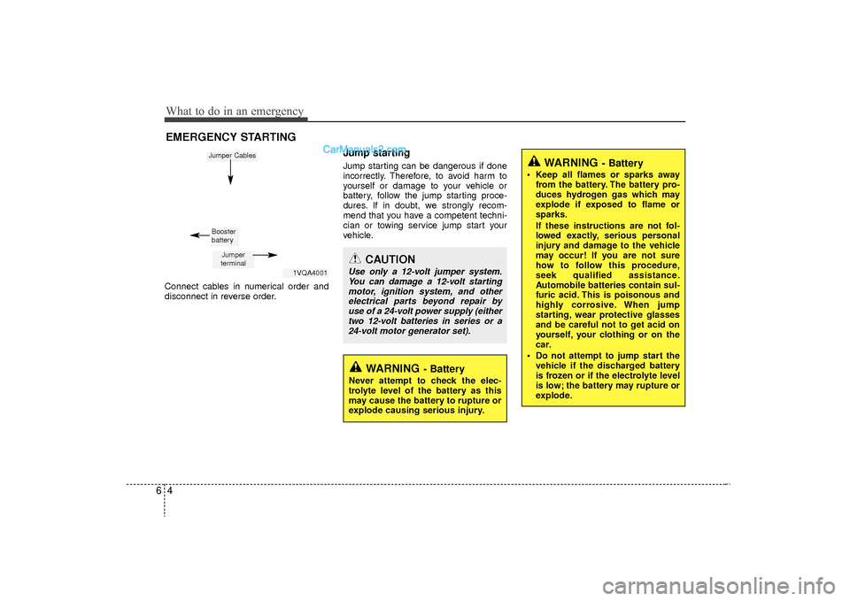 Hyundai Sonata Turbo 2011 Owners Manual What to do in an emergency46EMERGENCY STARTINGConnect cables in numerical order and
disconnect in reverse order.
Jump starting Jump starting can be dangerous if done
incorrectly. Therefore, to avoid Hyundai Sonata Turbo 2011 Owners Manual What to do in an emergency46EMERGENCY STARTINGConnect cables in numerical order and
disconnect in reverse order.
Jump starting Jump starting can be dangerous if done
incorrectly. Therefore, to avoid