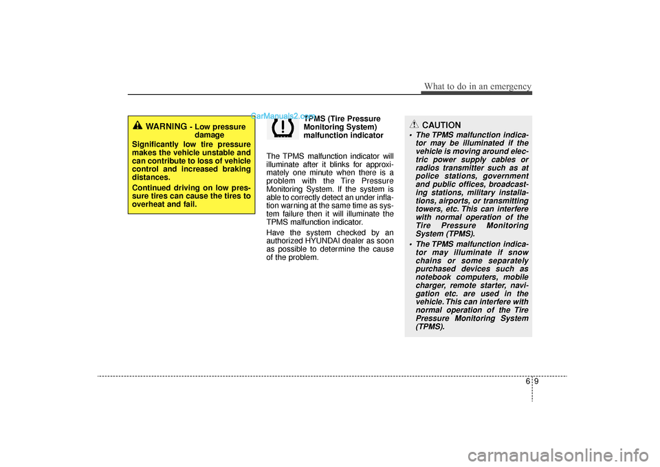 Hyundai Sonata Turbo 2011  Owners Manual 69
What to do in an emergency
TPMS (Tire Pressure
Monitoring System)
malfunction indicator
The TPMS malfunction indicator will
illuminate after it blinks for approxi-
mately one minute when there is a