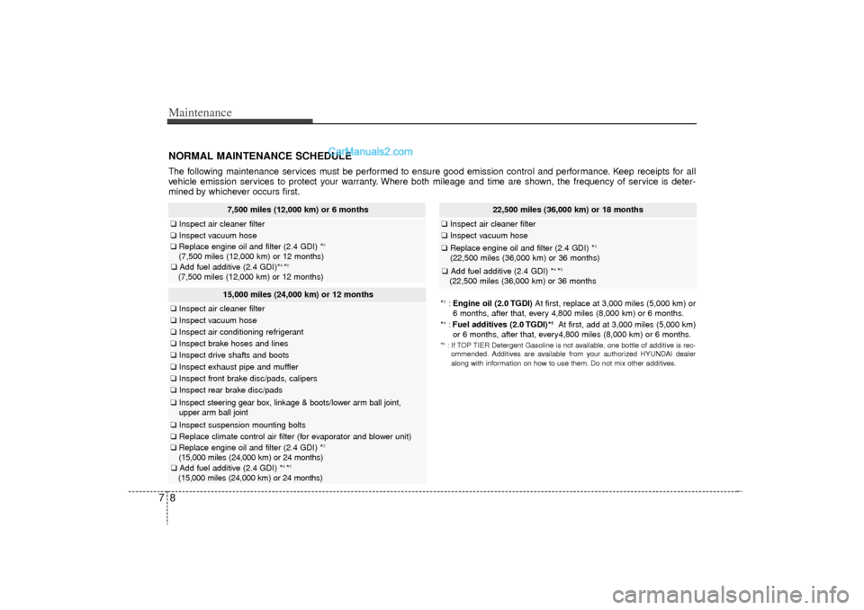 Hyundai Sonata Turbo 2011 Owners Manual Maintenance87NORMAL MAINTENANCE SCHEDULEThe following maintenance services must be performed to ensure good emission control and performance. Keep receipts for all
vehicle emission services to protect Hyundai Sonata Turbo 2011 Owners Manual Maintenance87NORMAL MAINTENANCE SCHEDULEThe following maintenance services must be performed to ensure good emission control and performance. Keep receipts for all
vehicle emission services to protect