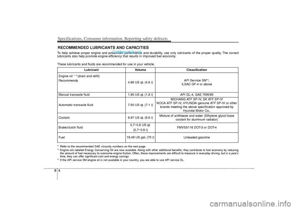 Hyundai Sonata Turbo 2011 Owners Manual Specifications, Consumer information, Reporting safety defeccts48RECOMMENDED LUBRICANTS AND CAPACITIES To help achieve proper engine and powertrain performance and durability, use only lubricants of Hyundai Sonata Turbo 2011 Owners Manual Specifications, Consumer information, Reporting safety defeccts48RECOMMENDED LUBRICANTS AND CAPACITIES To help achieve proper engine and powertrain performance and durability, use only lubricants of