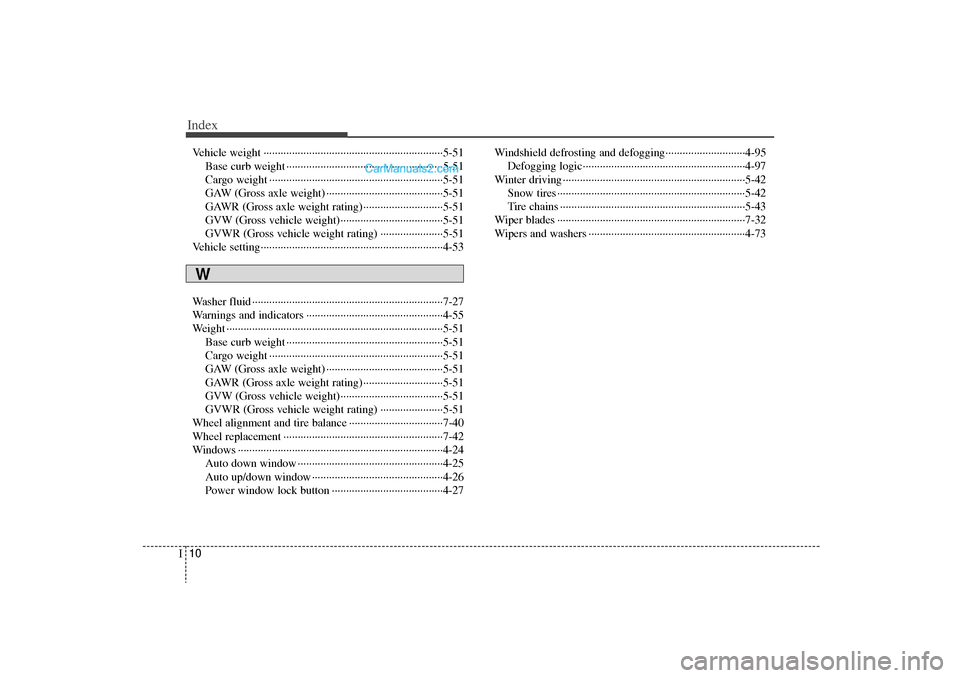Hyundai Sonata Turbo 2011 Owners Manual Index10I
Vehicle weight ··················\
··················\
··················\
·········5-51Base curb weight ··········· Hyundai Sonata Turbo 2011 Owners Manual Index10I
Vehicle weight ··················\
··················\
··················\
·········5-51Base curb weight ···········Â